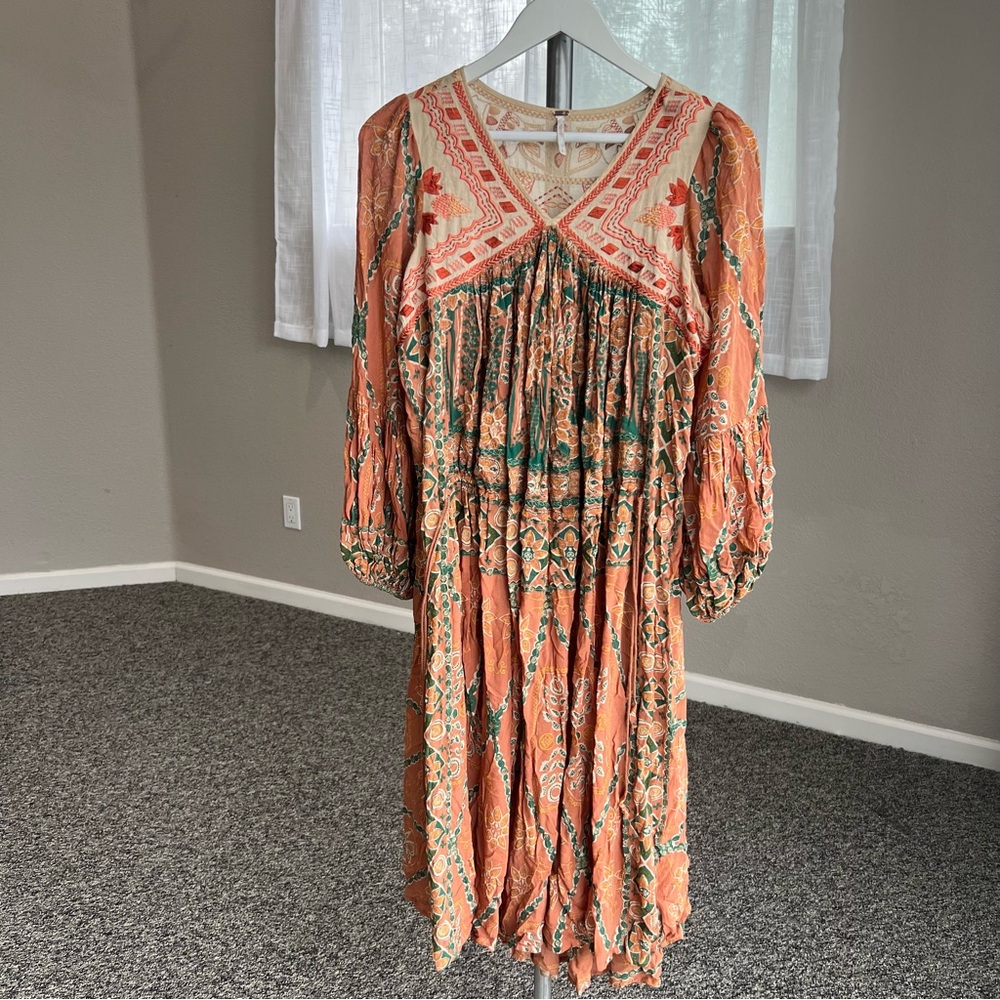 Free People Pink City Long Sleeve Floral Dress in Orange and Green - Picture 6 of 15